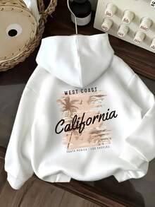 Women's California Coast Pattern Hoodie - West Coast Lettering And Palm Tree Print Autumn/Winter Pullover - 白色 - 查看 6