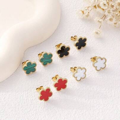 Anting Tusuk Bunga 5 Kelopak Putih Stainless Steel 13mm, Perhiasan Aksesori Minimalis Elegan 18K untuk Wanita