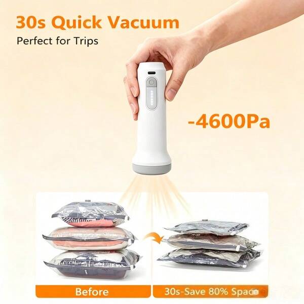 Handheld Rechargeable Electric Vacuum Pump, 30s Quick Air Extraction Mini Suction Pump For Travel Clothes Vacuum Storage Bags, Portable Space Saving Compression Pump