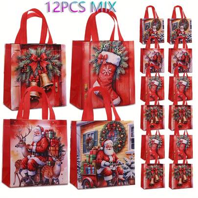 24/12/6 túi quà Giáng Sinh lớn có quai xách, túi mua sắm không dệt tái sử dụng, phù hợp cho tiệc Giáng Sinh, Năm Mới, họa tiết ông già Noel, người tuyết, tuần lộc, hoàn hảo làm đồ trang trí quà tặng, vật dụng hàng ngày, quà tặng tiệc lễ hội, thiết kế lễ hội vui tươi