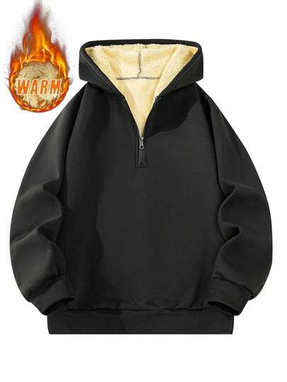 Men's Thick Wool Lining Half-Zip Hoodie, Knitted Long Sleeve Pullover, Soft And Loose, Suitable For Winter Casual Daily Outdoor Streetwear