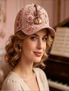 1pc Women's 3D Floral Baseball Cap, Music Theme Note Print Pearl Rhinestone Adjustable Sun Hat, Vintage Music Festival Style Baseball Cap - Multicolor - View 7