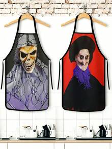 4Pcs/1pcDay Of The Dead Print Apron, Sugar Skull Skeleton Pattern Kitchen Apron For Cooking Baking Halloween PartySkeleton Apron For Halloween, White Human Skeleton Bones Print Black Kitchen Apron - Multicolor - View 2