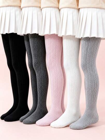 5 Pairs Toddler Girls Cable Knit Tights, Solid Color Soft Elastic Leggings, Children's Daily Wear