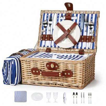 Cesta de picnic de mimbre para 2 personas con manta impermeable de picnic y bolsa aislada, patrón clásico de rayas azules y blancas para juegos de fútbol, camping, viajes, regalo de cumpleaños, regalo