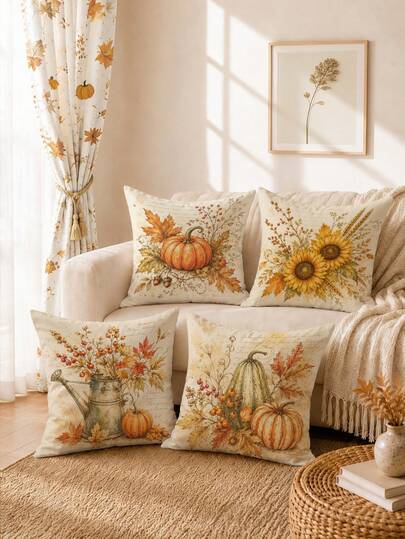 Vintage Autumn Pumpkin Floral Cushion Cover 4pcs Set, Single-Sided Printed Peach Skin Velvet Polyester Material, 45*45CM Pillow Case For Modern Fabric Sofa Indoor Decoration, Party Decor, Gift Giving