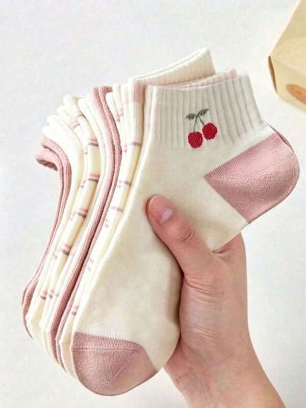 1/5 Pairs Women's Cherry Pink Short Socks, Cute Sweet Breathable Low-Cut Socks, Suitable For Daily Wear, College Style, All Seasons