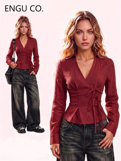 ENGU CO. Camisa Vintage Color Burdeos con Cuello en V y Solapa para Mujer, Top de Manga Larga Ajustado Favorecedor con Lazo Lateral Asimétrico para Principios de Otoño