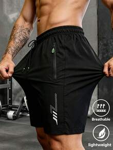 Men's Quick-Dry Shorts, Solid Color Drawstring Elastic Waist Beach Shorts With Zipper Pockets, Lightweight Breathable Beach Pants Sports - Black - View 2
