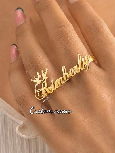 Anillo personalizado con nombre, anillo de doble dedo, corona de acero inoxidable, corazón, letra, apertura ajustable, anillo para parejas, joyería de boda para novias, regalo exquisito de aniversario para ella, regalo del Día de la Madre para mamá., Regalo único, resistente al agua