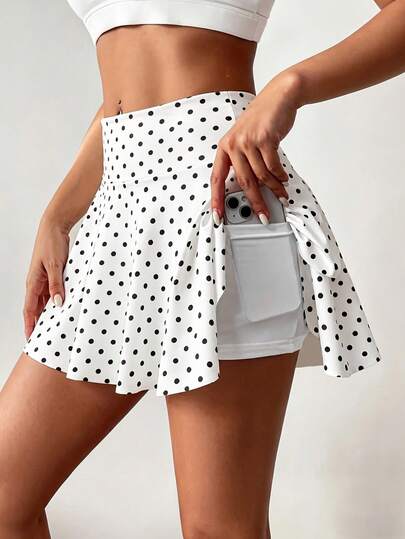 1pc Polka Dot Print Tennis Skort Skirt, Sweet Slimming Skin-Friendly Outdoor Running Workout New Style Skort White Sports