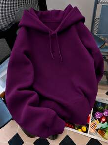 Women Solid Color Hoodie Back To School Oversized Pullover Sweatshirt Casual College Campus Wear Basic Long Sleeve Fall Outfit - 紫紅色 - 查看 4