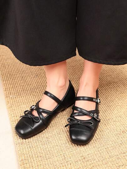 1 Pair Women's Black Buckle Hidden Wedge Shoes, Elegant Preppy Style Fashion Versatile Mary Jane Ballet Shoes, Comfortable