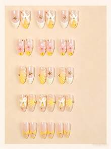 10pcs Short Almond-Shaped Press-On Nails, Fantasy Style Nail Art Stickers For Girls And Women: Cute Pink Starfish, White Seashell, Shiny Gold Star And Pearl, Transparent And Pink Translucent Base | Beach Vacation And Wedding Nail Art - Yellow - View 2