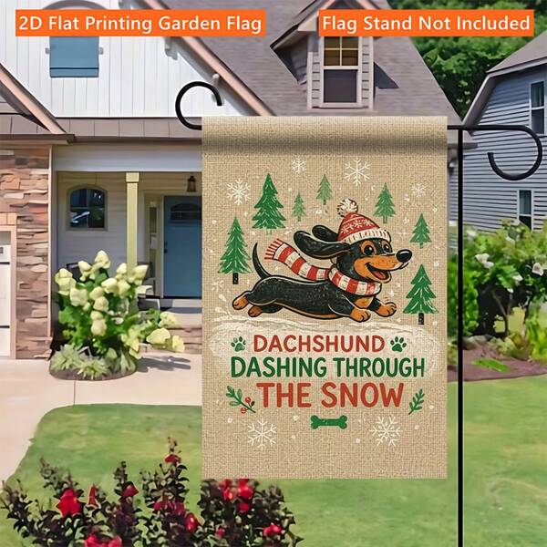 2D Flat Garden Flag 1pc, Dachshund Winter Joy, Perfect For Camping And Yard Decoration, Single-Sided Printed Flag, All-Season Use, Garden Decor, Outdoor And Home Gathering Welcome Flag (Flag Only)
