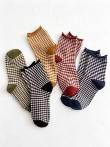 5 Pares de Meias de Cano Médio com Estampa Pied-de-Poule e Contraste de Cores, Estilo Versátil de Escola Japonesa, Design para Uso Diário, Meias Altas. Adequado para a Temporada de Volta às Aulas - Multicolorido - Visão 5