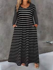 Plus Size Women's Striped Colorblock Long Sleeve Casual Vacation Everyday Dress With Pockets Elegant - Black and White - View 2