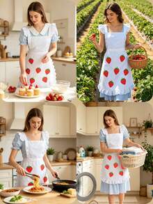 Cute Women's Long Strawberry Print Maid Apron With Shoulder Straps, Ruffle Lolita Kitchen Apron For Cooking, Baking, Housework And Cosplay - Multicolor - View 8