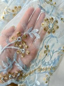 1件裝 穿桿式蕾絲半透繡花窗簾，櫥櫃窗簾、隔間簾、免鑽孔門簾 - 淺藍色 - 查看 2