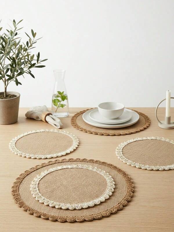 4pcs Round Linen Placemats, Vintage Style, Suitable For Kitchen And Dining Room, Heat-Resistant Table Mats, Wedding Tablecloth Decoration, Perfect For Daily Home And Restaurant Decor, Family Gatherings And Holiday Party Essentials