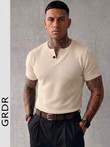 GRDR 男士夏季羅紋針織短袖襯衫,適合夏季商務聚會,簡約百搭 - 杏色 - 查看 9