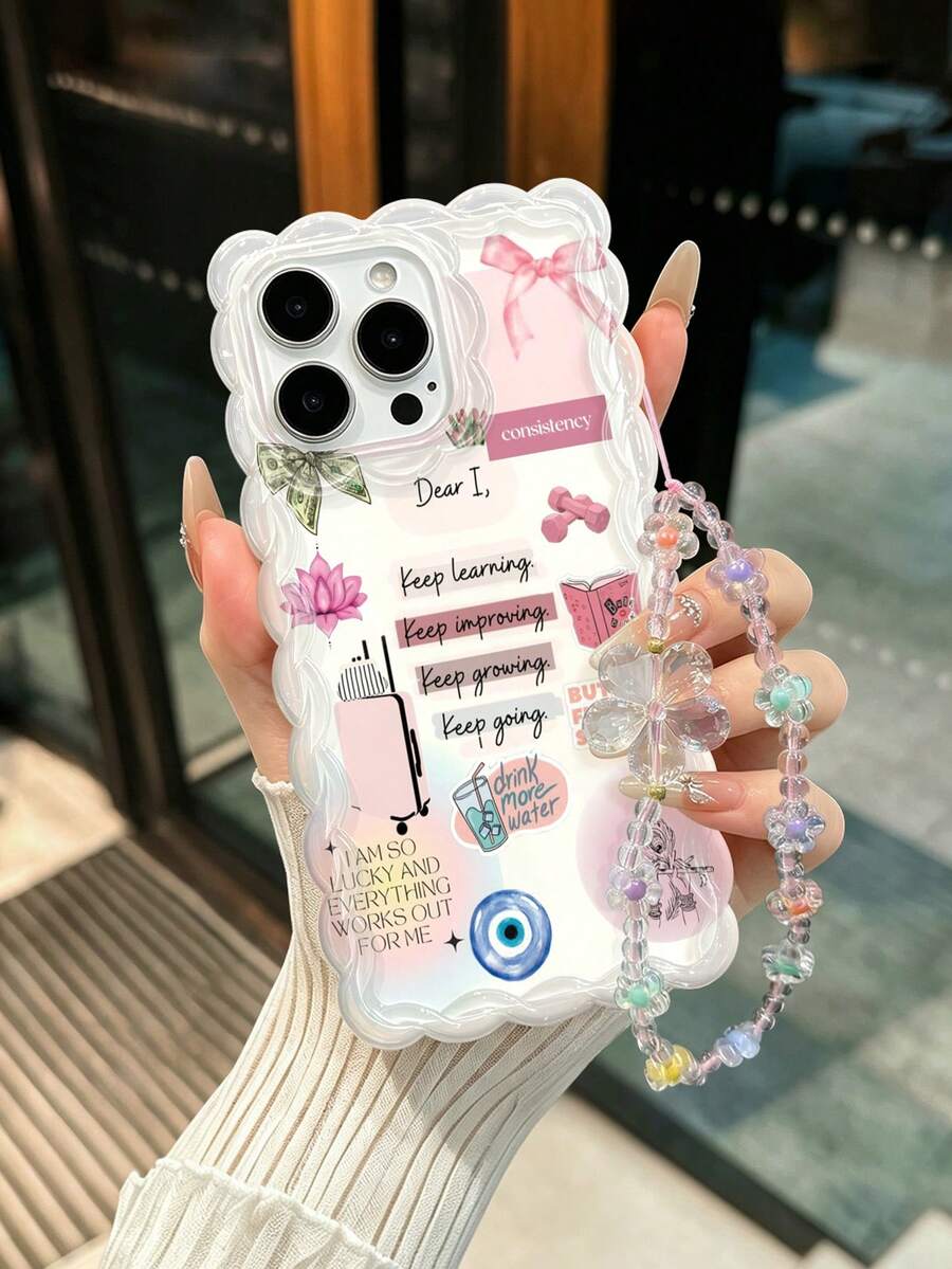1pc Positive Energy English Quote Life Illustration Collage Pattern Flexible TPU Anti-Fingerprint Soft Material Cream Wavy Edge Full Coverage Phone Case With Transparent Flower Beaded Lanyard, Compatible With All Apple Phone Models, Artistic Daily Versatile Niche Style - Multicolor - View 1