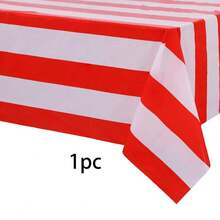 1pc Red & White Striped Disposable Plastic Rectangular Tablecloth 54x108 Inches, Carnival Circus Party, Birthday, Picnic, Indoor/Outdoor Holiday Dining Decoration Disposable Tablecloth - Red Stripes - View 6