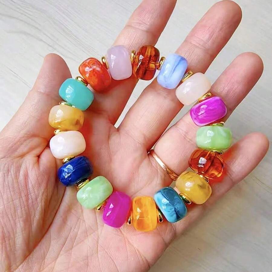 1PC Summer Bohemian Women's Mixed Color ABS Plastic Round Beaded Bracelet 17cm Casual Daily Vacation Accessory - Multicolor - View 1