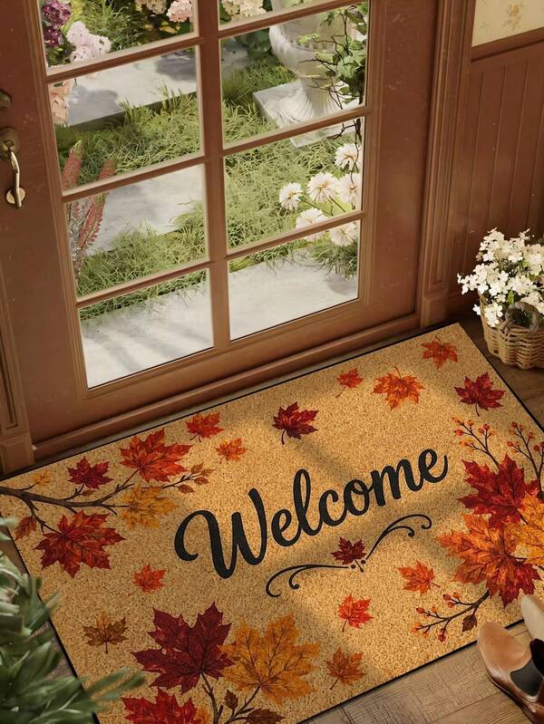 1pc Funny Autumn Harvest Maple Leaf Welcome Print Doormat, Harvest Festival Theme Yard Decor, Autumn Garden Welcome Mat, Outdoor Garden Decoration, Home Decor