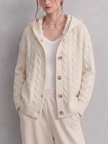 Jaket Kardigan Hoodie Wanita Musim Gugur/Dingin Desain Rajut Kabel Minimalis dengan Bordir Kecil di Dada Depan - Krem - View 5