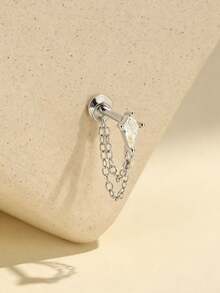 EleRunis 1pc 925 Sterling Silver Delicate Double Eye Chain Flat Back Labret/Cartilage Stud, Suitable For Earlobe/Ear Cartilage/Ear Conch/Ear Helix, Threaded Piercing Fine Jewelry, Suitable For Daily Wear - Silver - View 3