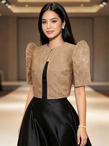 蝴蝶袖 Filipiniana 風格女款優雅時尚蕾絲泡泡短袖上衣，Filipiniana 靈感上衣 - 咖啡棕 - 查看 5