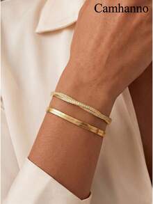 Camhanno 2pcs Luxury Zirconia Open Bracelet Snake Bone Chain Set Stainless Steel Plated 18K Gold Stacked Exquisite Female Decoration - Gold - View 10