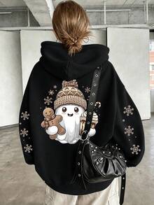 Plus Size Women's Casual Gothic Style Drop Shoulder Hooded Sweatshirt, Thin Long Sleeve Pullover With Gothic Gingerbread Ghost Print, Drawstring Hood, Pockets, Loose Fit, Solid Color Print, Autumn/Winter Fashion Sportswear, Comfortable Plus Size Sweatshirt For Outdoor Sports, Daily Wear, Parties, School, Vacation, Commuting And Halloween - Black - View 2