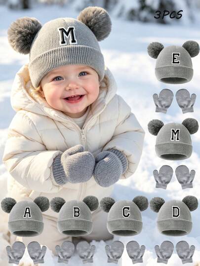 2PCS/Set Knitted Caps&Gloves Baby A-Z Letter Knitted Caps With Pink Gloves Girls Hat Kids Beanie Cap Infant Accessories Children Elastic Hats