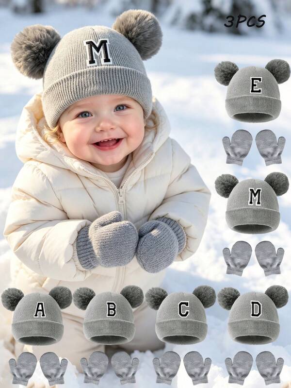 2PCS/Set Knitted Caps&Gloves Baby A-Z Letter Knitted Caps With Pink Gloves Girls Hat Kids Beanie Cap Infant Accessories Children Elastic Hats