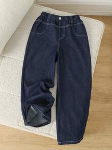 Tween Girl Blue Denim Jeans Fashion Casual Street Style Letter & Star Embroidered Loose Wide Leg Pants - Blue - View 3