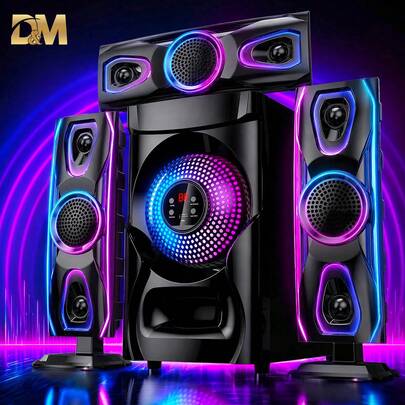 D&M Bocinas de bluetooth 4 en 1,Conjunto de altavoces Bluetooth de gran tamaño, equipado con mando a distancia y cable de audio, con 4 altavoces que ofrecen un sonido potente, Efectos de iluminación RGB,ideal para móviles y ordenadores, con ranura para tarjetas USB/TF/SD, radio FM. Regalo para Halloween y Navidad.