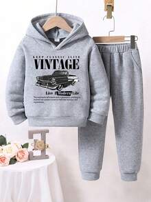 Girls' Car Pattern Warm Hoodie And Sweatpants - Grey - View 1