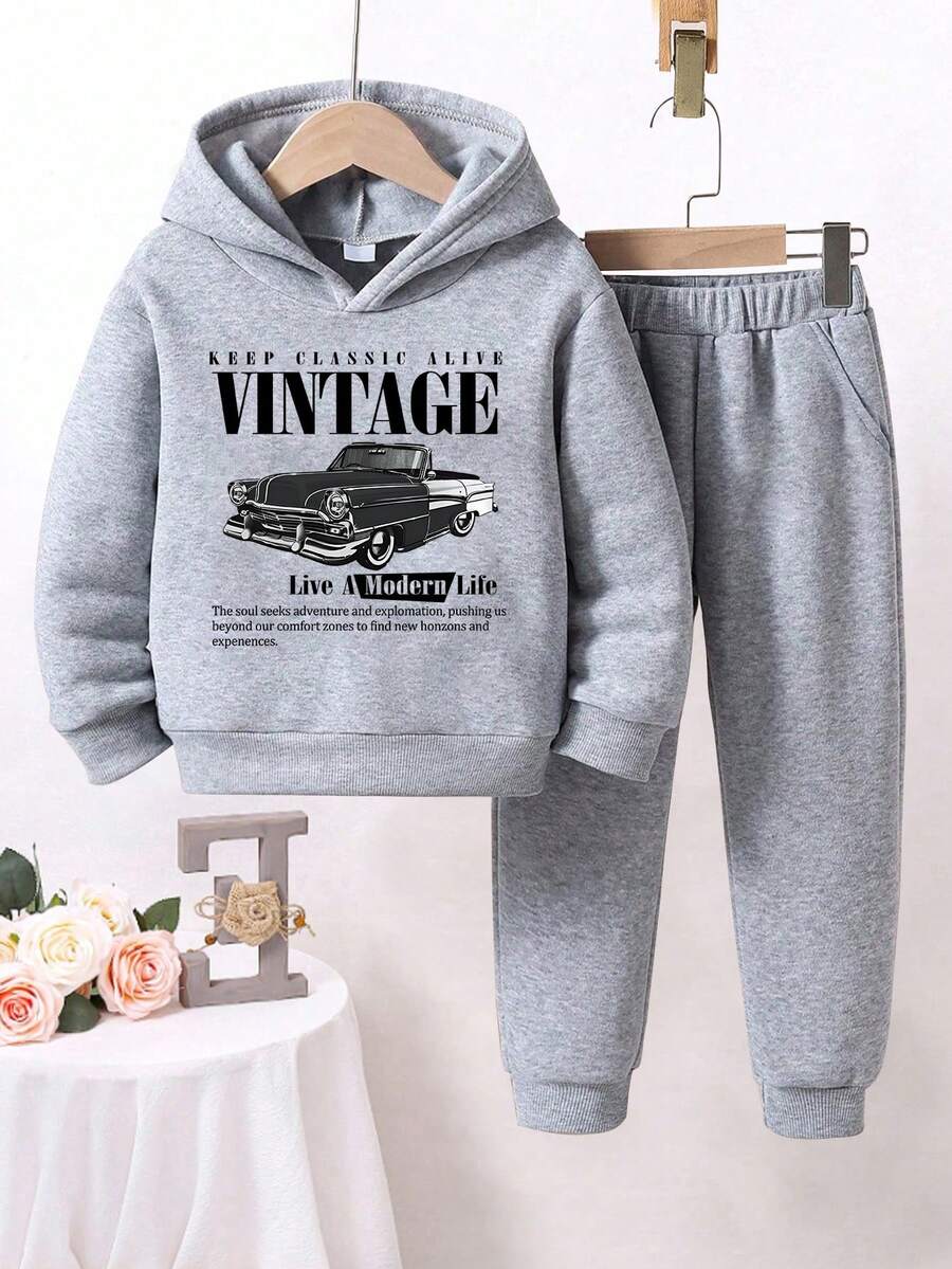 Girls' Car Pattern Warm Hoodie And Sweatpants - Grey - View 1