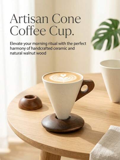 Powcan Rustic Stoneware Funnel Coffee Cup Set With Unglazed Body, Triangular Wood Handle & Detachable Base. Heat-Resistant Kitchenware For Pour-Over, Latte Art & Tea Time. Ideal For Home Hospitality, School Lunch Boxes & Thoughtful Giveaways.