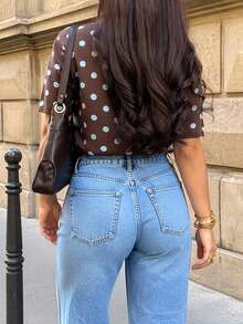 Polka Dot Pattern Short Sleeve Knit Top - Brown - View 3