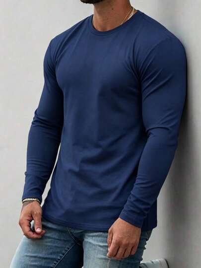 Men's Basic Crew Neck Long Sleeve Top, Breathable Solid Color Long Sleeve T-Shirt, Daily Commute, Fitness, Sports, Base Layer
