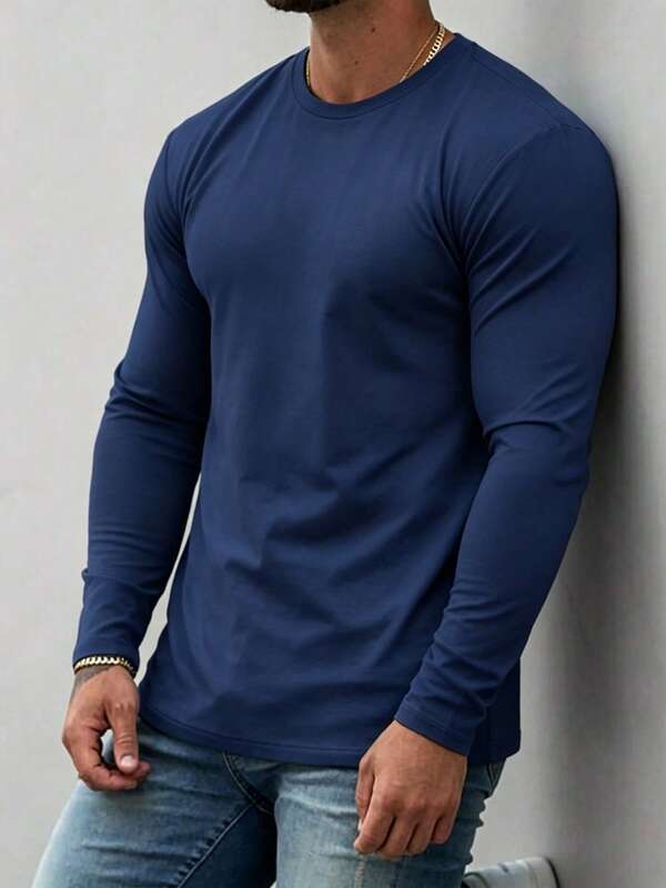 Men's Basic Crew Neck Long Sleeve Top, Breathable Solid Color Long Sleeve T-Shirt, Daily Commute, Fitness, Sports, Base Layer