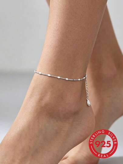 Tobillera de plata de ley 925 con pequeños cuadrados brillantes, fina, minimalista, clásica, de moda, elegante y dulce para mujer