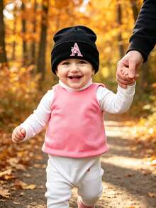 1pc Baby Knitted Warm Hat, 26 Letters Knitted Cap, Toddler Winter Hat, Unisex Boys & Girls Knitted Elastic Beanie - Black - View 4