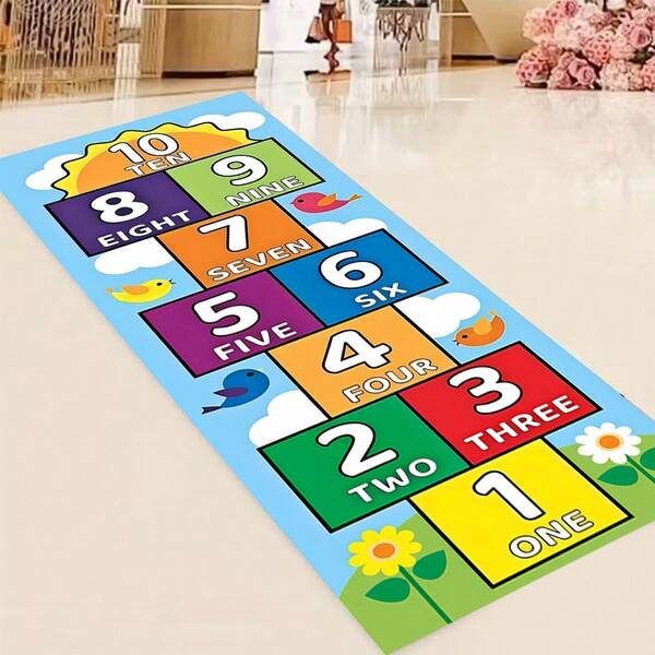1 pieza Camino de mesa con temática de rayuela, que mide 80 x 120/160 cm, con números de colores y estampados de pájaros. Este mantel reutilizable y lavable es adecuado para el hogar, salas de estar, dormitorios, salas de juegos, fiestas y celebraciones