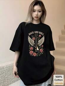 Music Festival Spring Summer Basic Tops Airy Comfort 100% Cotton Short Sleeve Tee Vintage Music Pattern Casual Daily Outfit Shirts - Black - View 4