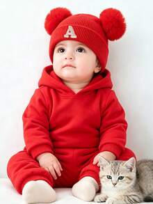 1pc Personalized Letter Embroidered Baby Knit Hat, Double Pom Pom Bear ...