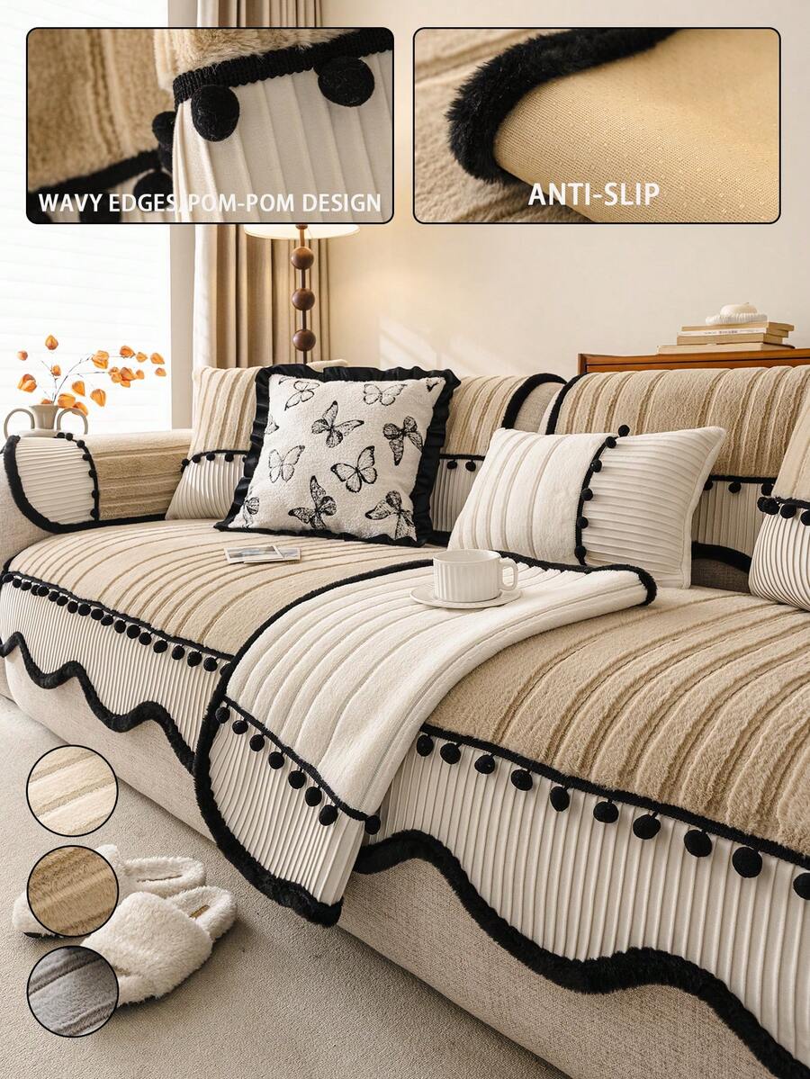 ALPLUME 1pc Asymmetrical Wavy Edge Pom Pom Design Sofa Cover, Soft And Comfortable Fabric, All-Season Universal Sofa Pad, Non-Slip, Wear-Resistant, Pet-Friendly, Short Plush, European Luxury Style, High-End, Timeless, Suitable For Living Room, Bedroom, Office And Other Occasions, Providing Warmth And Comfort For Home Decor